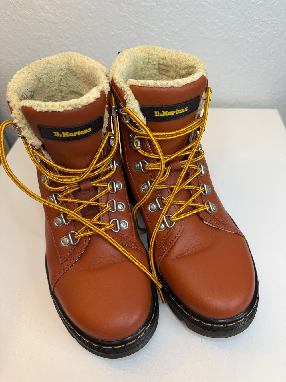 Dr. Martens Chestnut Leather Lace-Up Ankle Boots with Yellow Laces
